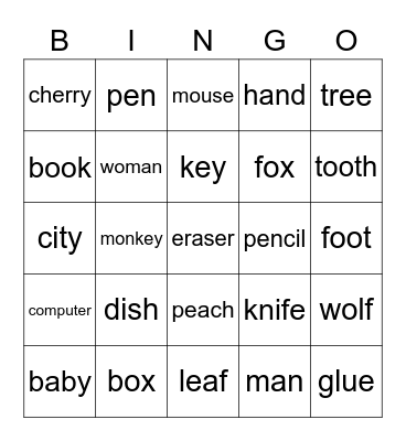 plural forms Bingo Card