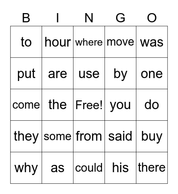 Sight Words Bingo Card