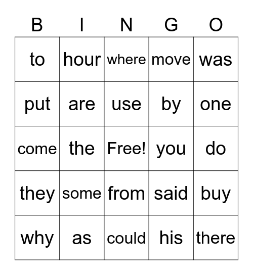 Sight Words Bingo Card