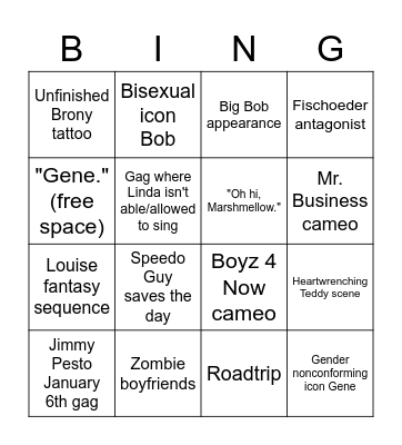 Bob's Burgers Movie Bingo Card