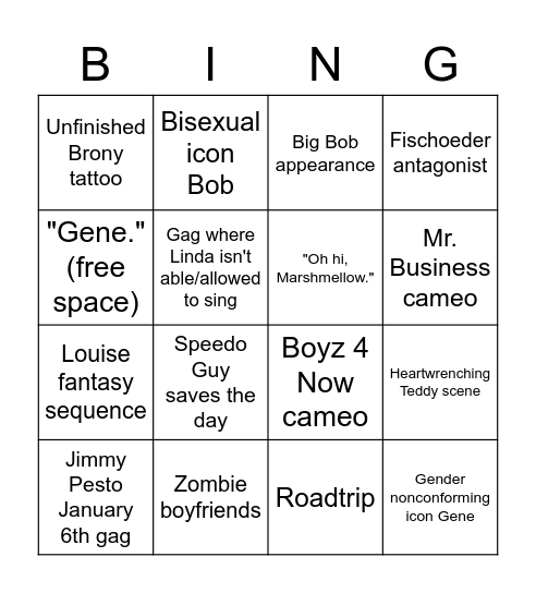 Bob's Burgers Movie Bingo Card