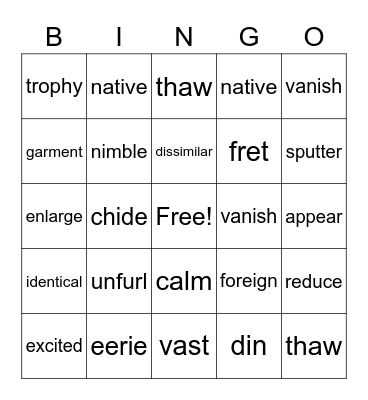 Vocabulary Review Bingo Card