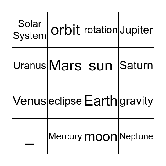 Solar System Bingo Card