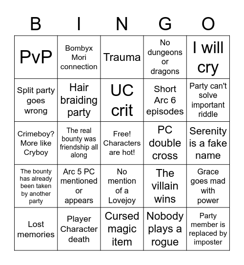 UC Arc 9 Bingo Card