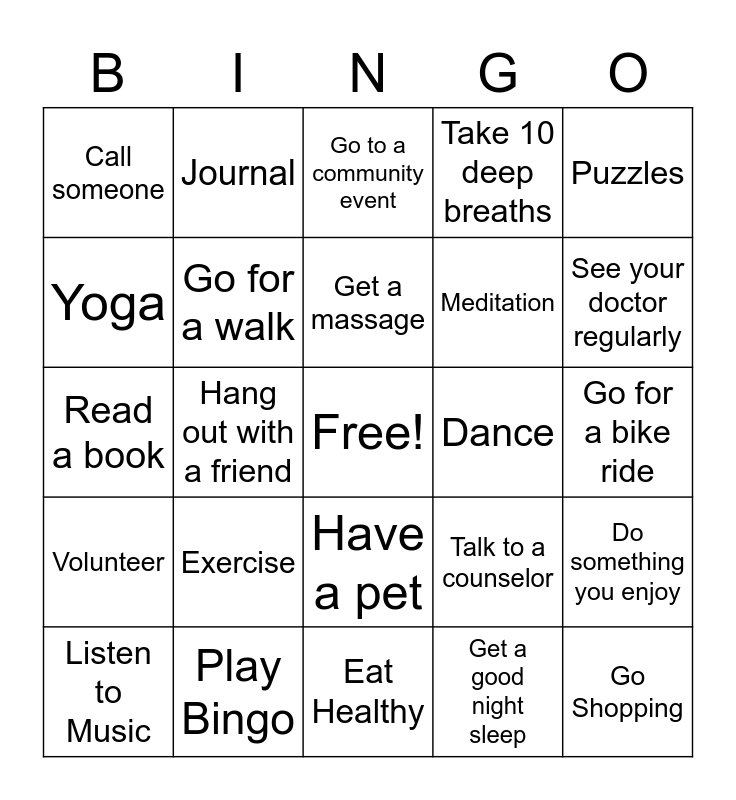 Stress Management Bingo Card