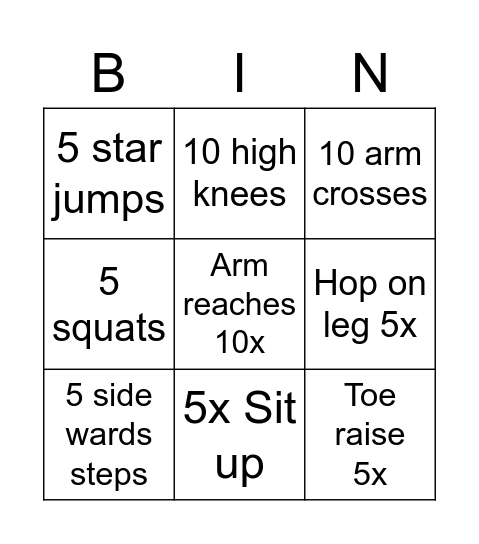 Gross Motor Bingo Card