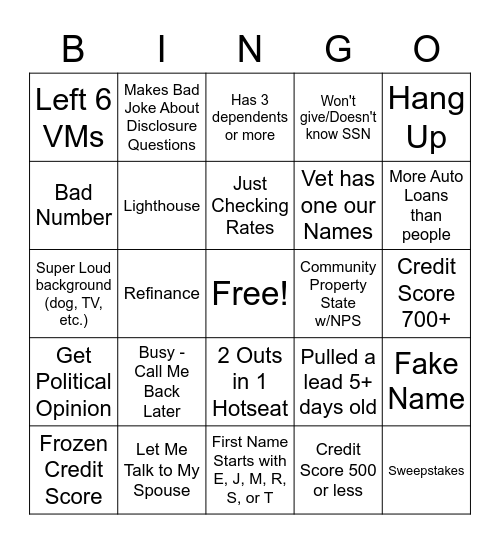 Origination Bingo Card