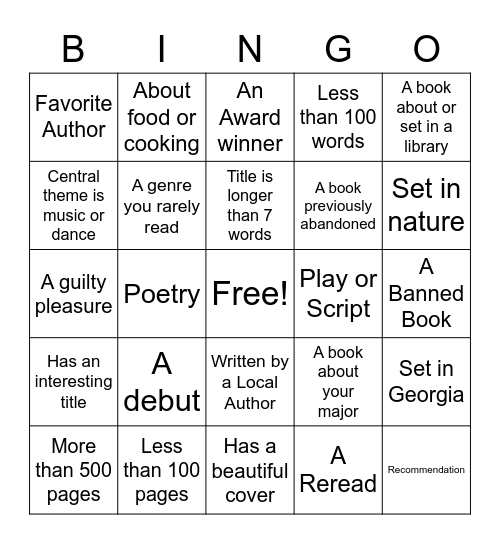 Reading Challenge 2022 Bingo Card