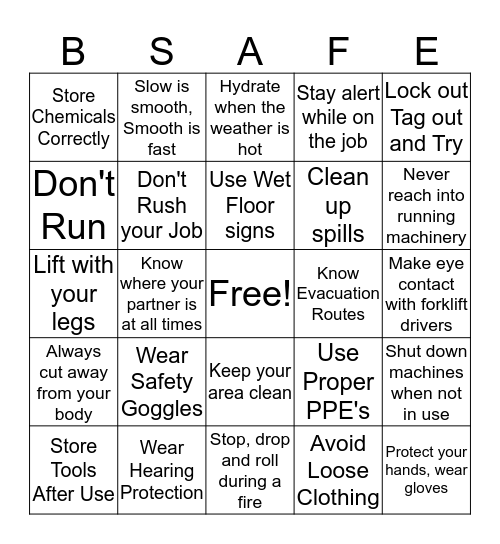 Safety Bingo Card