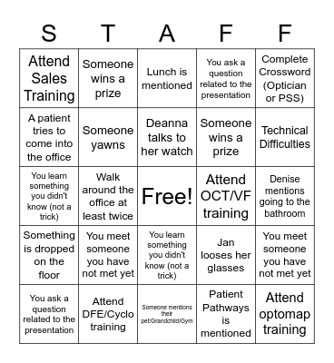 Staff Training Day Bingo Card