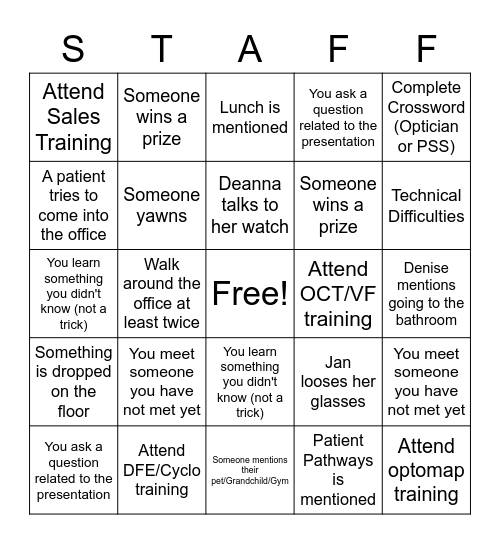 Staff Training Day Bingo Card