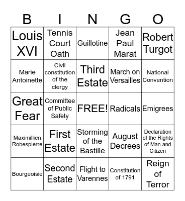 The French Revolution Bingo Card