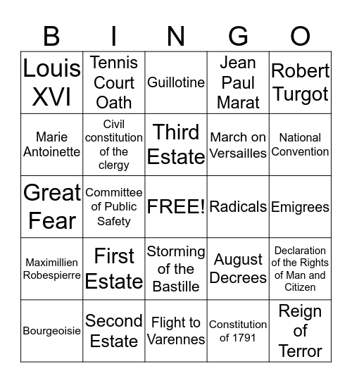 The French Revolution Bingo Card