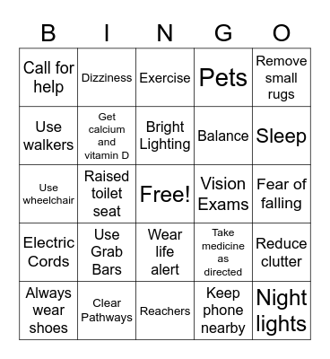 Fall Prevention Bingo Card