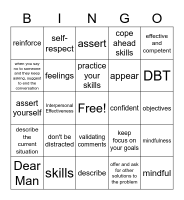 DBT Interpersonal Effectiveness Bingo Card