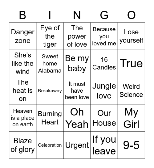2000's Hits Bingo Card