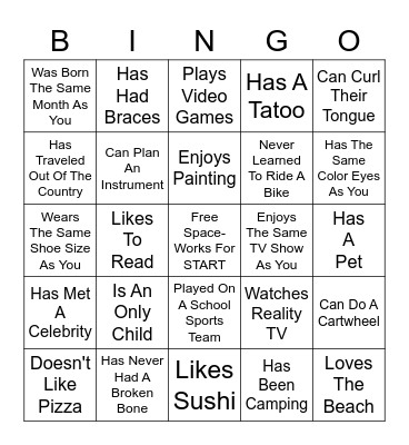 START Bingo Card
