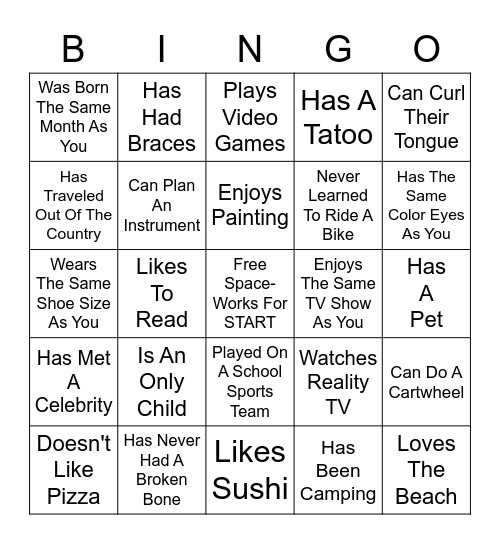 START Bingo Card