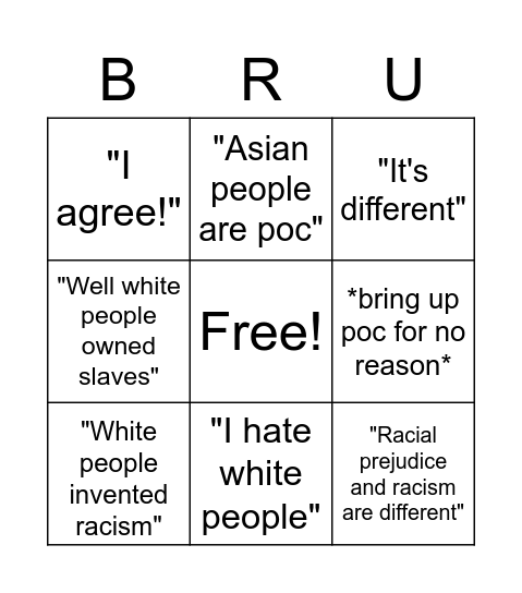 "You can't be racist to white people" 🤓 Bingo Card