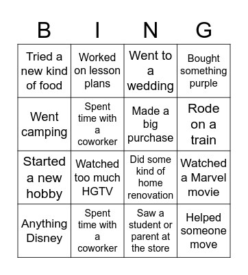 Teacher Summer BINGO Card