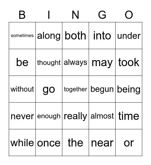 Fry Words Bingo Card