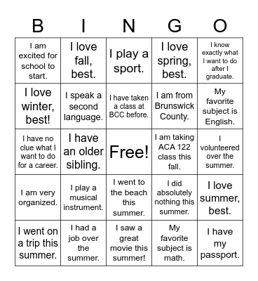 Freshman Orientation Bingo Card
