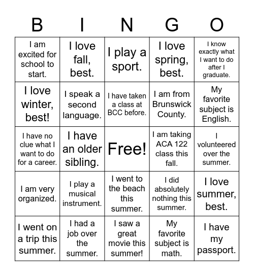 Freshman Orientation Bingo Card