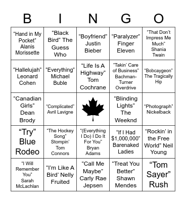 All-Canadian Bingo Card