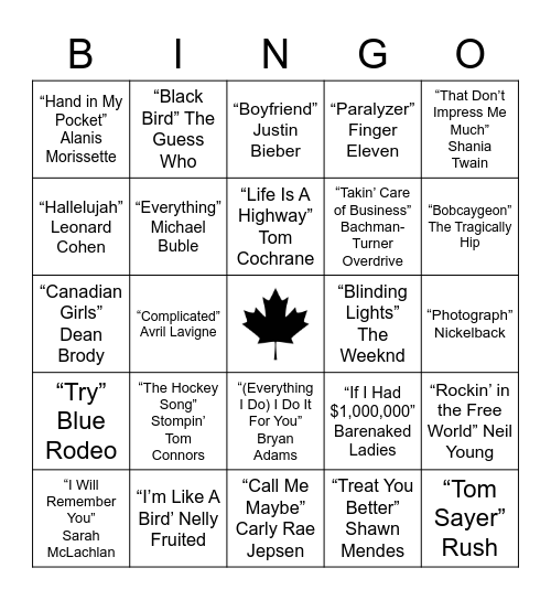 All-Canadian Bingo Card
