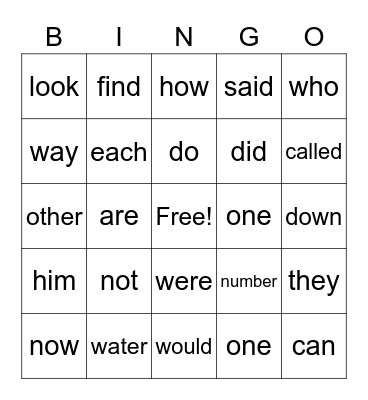 Fry Words Bingo Card