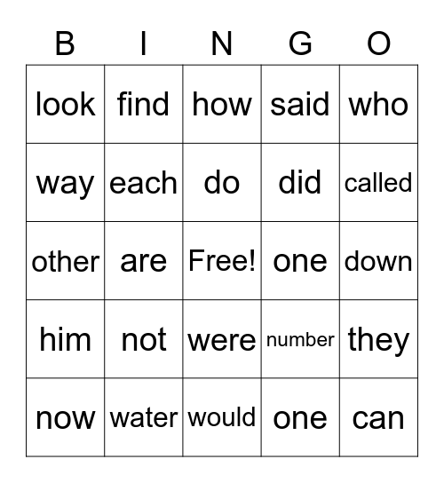 Fry Words Bingo Card