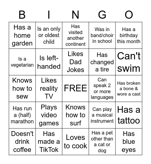 Ice Breaker Bingo Card