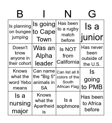 South Africa Bingo: Find Someone Who... Bingo Card