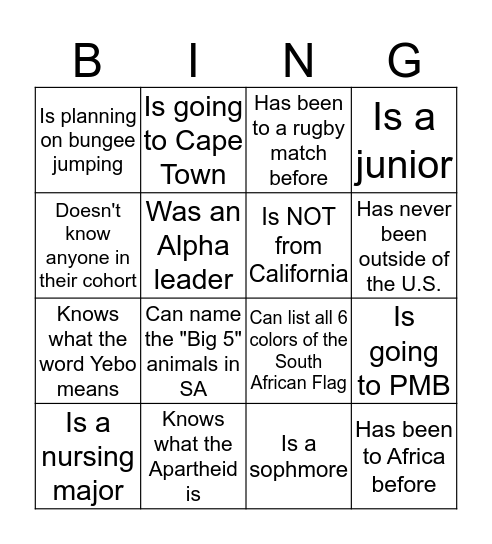 South Africa Bingo: Find Someone Who... Bingo Card