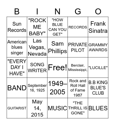 B.B. KINGS Bingo Card