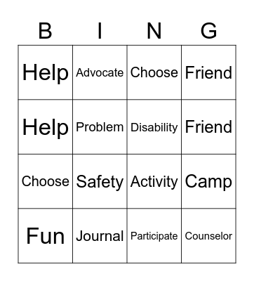 Vocabulary Unit Bingo Card