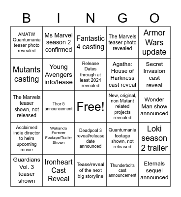 MCU SDCC and D23 bingo Card