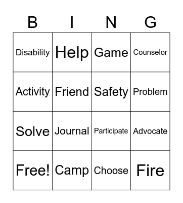 Vocabulary unit Bingo Card