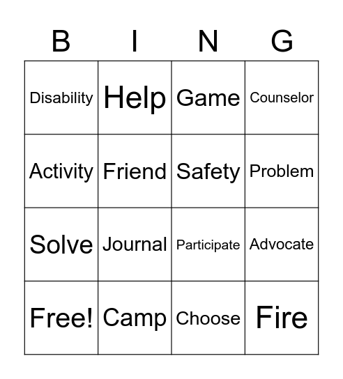 Vocabulary unit Bingo Card