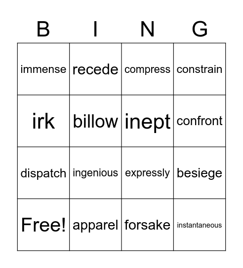 Vocabulary Bingo Card