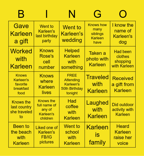 Karleen's 50TH BIRTHDAY BINGO GAME Bingo Card