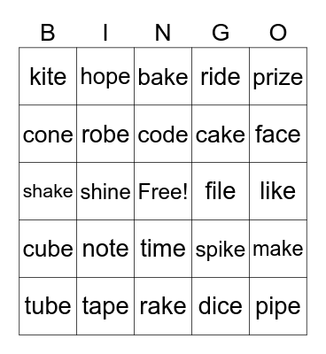 Magic "e" Bingo Card