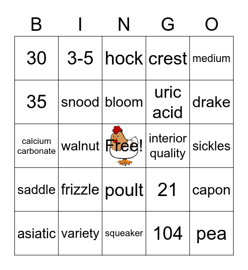 Poultry Bingo - Knowledge Bowl- Int./Sr Bingo Card