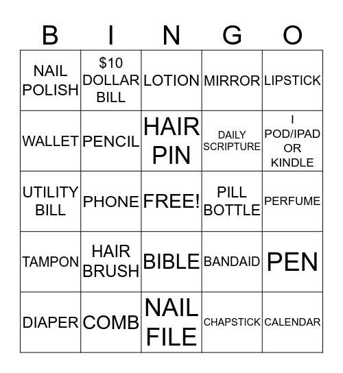 Purse Bingo for DIVAS Bingo Card