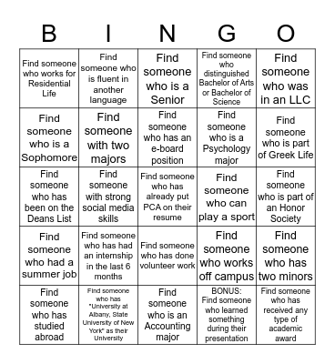 PCA Bingo  Bingo Card