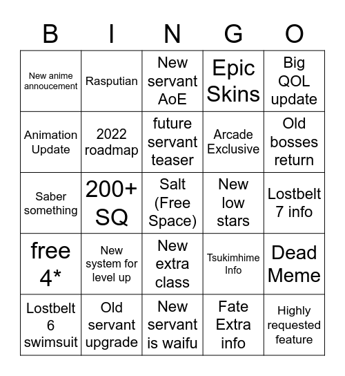 FGO anniversary 2022 Bingo Card