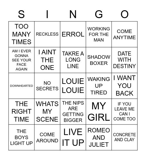 758 MENTAL AS ANYTHING VS THE ANGELS VS HOODOO GURUS VS AUSTRALIAN CRAWL Bingo Card