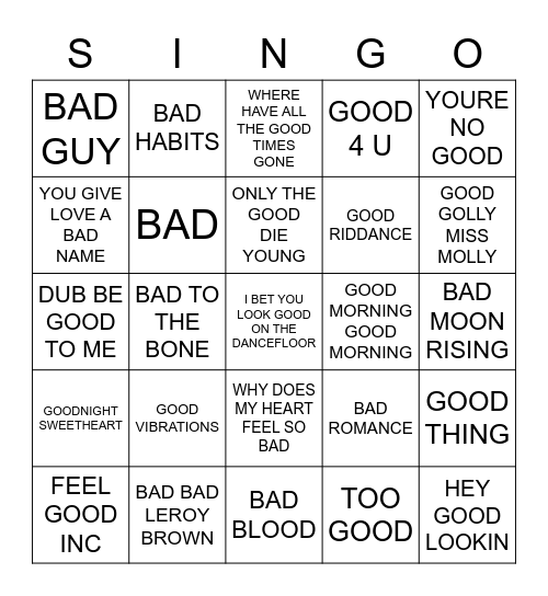 759 THE GOOD & THE BAD Bingo Card