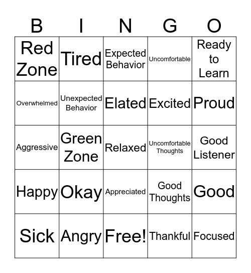 Zones of Regulation Bingo Card