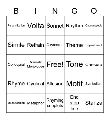 Poetry Bingo Card